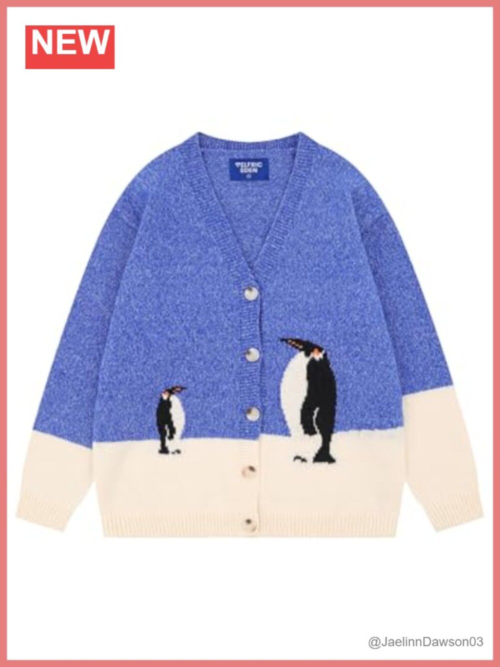 Open Front Knit Cardigan Sweater Penguin Graphic Button V-Neck Long Sleeve